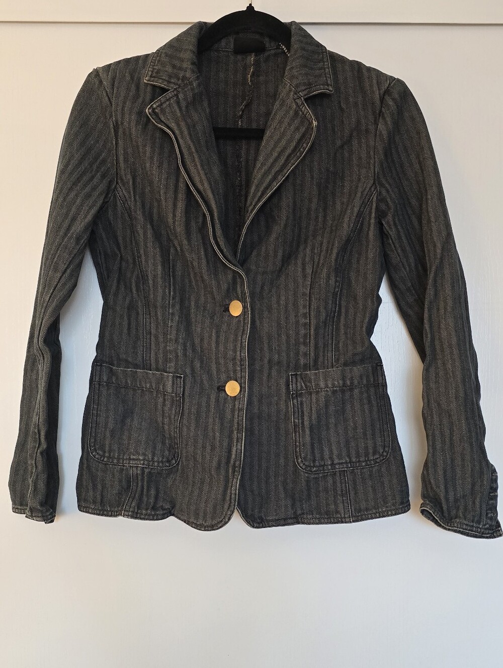 NY Jeans New York & Company Denim Blazer Herringbone Stripe Jacket Gold Buttons